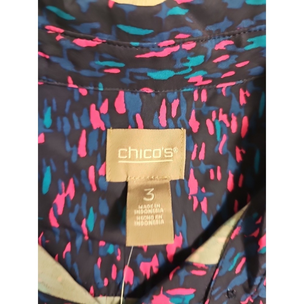 NEW Chicos Sz XL 3 Blue Pink 3/4 Sleeve Summer Button Up Shirt Top Art To Wear - Picture 3 of 9